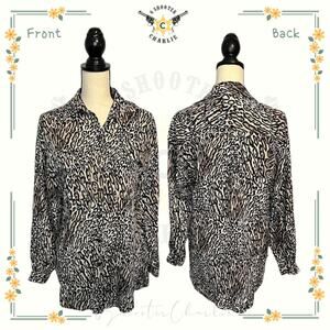 Vintage Regina Porter Women 80s Brown Black Animal Print Button Down Blouse Sz 6